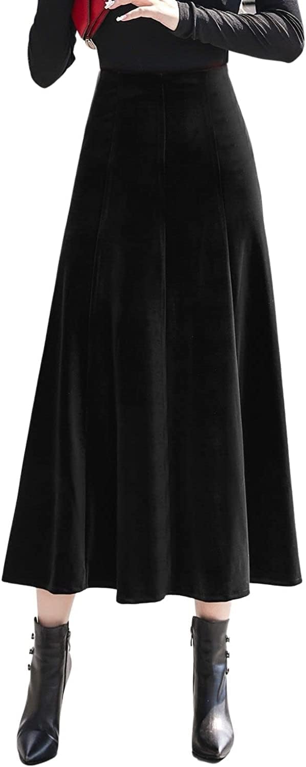 ebossy Womens Vintage Elastic High Waist Pleated Velvet Skirt Winter Warm Thicken Flowy Swing A-line Mid Skirt