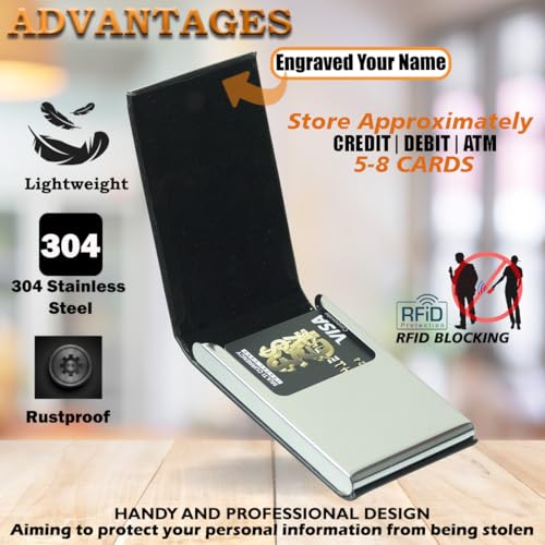 Image of Engraved Your Name Customized On Vertical Card Holder -Luxurious Unisex Design-RFID Blocking Stainless Steel 1 x 10 x 6 cm for Credit|Debit|ATM|Business Visiting Corporate Gift (Black-Long)