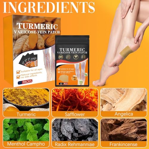 Image of KENASHII Turmeric Varicose Vein Patch - Natural Herbal Relief for Leg Pain, Swelling, Circulation & Spider Veins - Plant-Based Patches for Healthy Veins & Comfort - Reduces Acne Scars