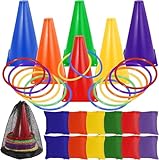 Cptoion 31 Stück Kinderparty Wurfspiele, 3-in-1 Wurfspiel Kinder Outdoor Spiele Set, Ringwurfspiel mit Verkehrskegel Sitzsäcke Wurfringe, Wurfspiele Outdoor für Kinder Garten Sport Party Spiele
