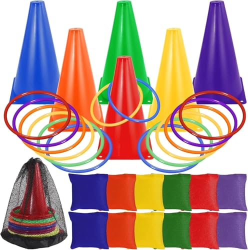 Cptoion 31 Stück Kinderparty Wurfspiele, 3-in-1 Wurfspiel Kinder Outdoor Spiele Set, Ringwurfspiel mit Verkehrskegel Sitzsäcke Wurfringe, Wurfspiele Outdoor für Kinder Garten Sport Party Spiele