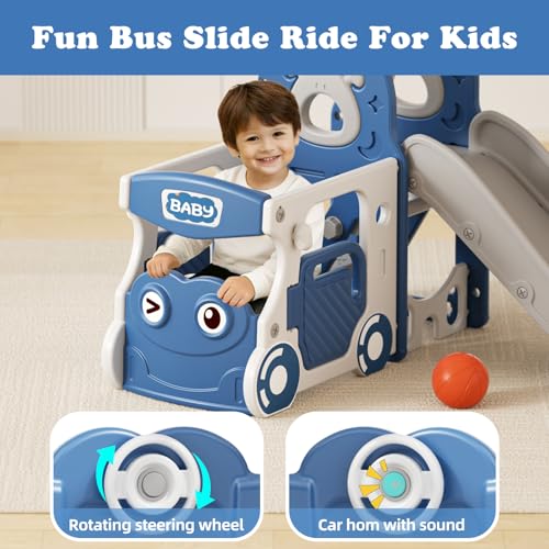 Image of XJD 5 in 1 Toddler Slide, Kids Slide for Toddlers Age 1-3, Outdoor Indoor Playset for Toddlers with Basketball Hoop and Ball (Blue gley, Slide)