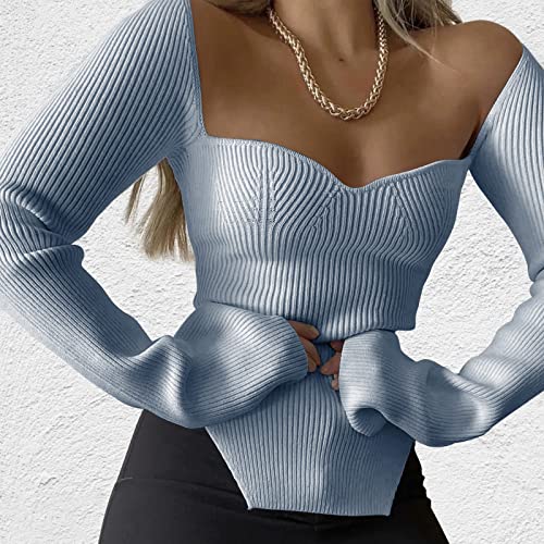 Image of Women's Square Neck Ribbed Knitted Sweater Long Sleeve Crop Slim Fitted Basic Pullover Tops
