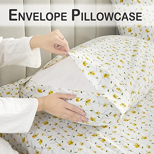 Image of Softan Yellow Floral Twin Size Sheet Set, 3-Piece Microfiber Fitted Bed Sheet with 15 inch Deep Pockets & Non-Slip Straps, Kids Girls Flower Patterned Bed Sheet & Pillowcase Set