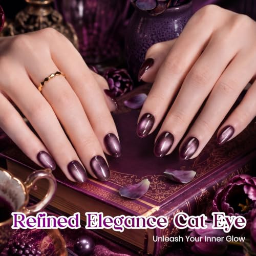 Image of Beetles Deep Purple Cat Eye Gel Polish, 15ML Mystic Plum Magnetic Gel | Glass Purple Cat Eye Glitter Shimmer Gel Sheer Translucent Effect With Magnet Soak Off UV Fall Nail Art Gift for Women