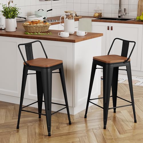 Image of Yongchuang 26 inch Metal Barstools Set of 2 Counter Bar Stools with Wood Top Low Back Matte Black