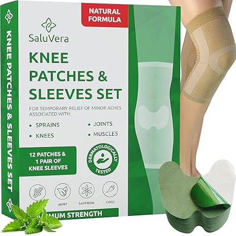 SaluVera Warming Herbal Knee Patches with 2 Compression Sleeves - Self-Heating Relief Patches for Men & Women, Natural Ingredients for Soothing Support (12 Patches + 2 Compression Sleeves) Cover