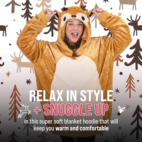 Image of Wearable Blanket Hoodie, 2-in-1 Oversized Hoodie Blanket Pillow, Long Sleeve Sweatshirt Pocket, Cozy Gift for Men and Women - Reindeer