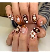 Flower Press on Nails Short Almond Shape Brown Fake Nails Flowers Hearts Lattice Tai Chi Smiley F...