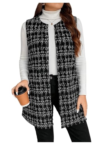MakeMeChic Women's Plus Size Blazer Vest Plaid Open Front Sleeveless Work Outerwear Jacket