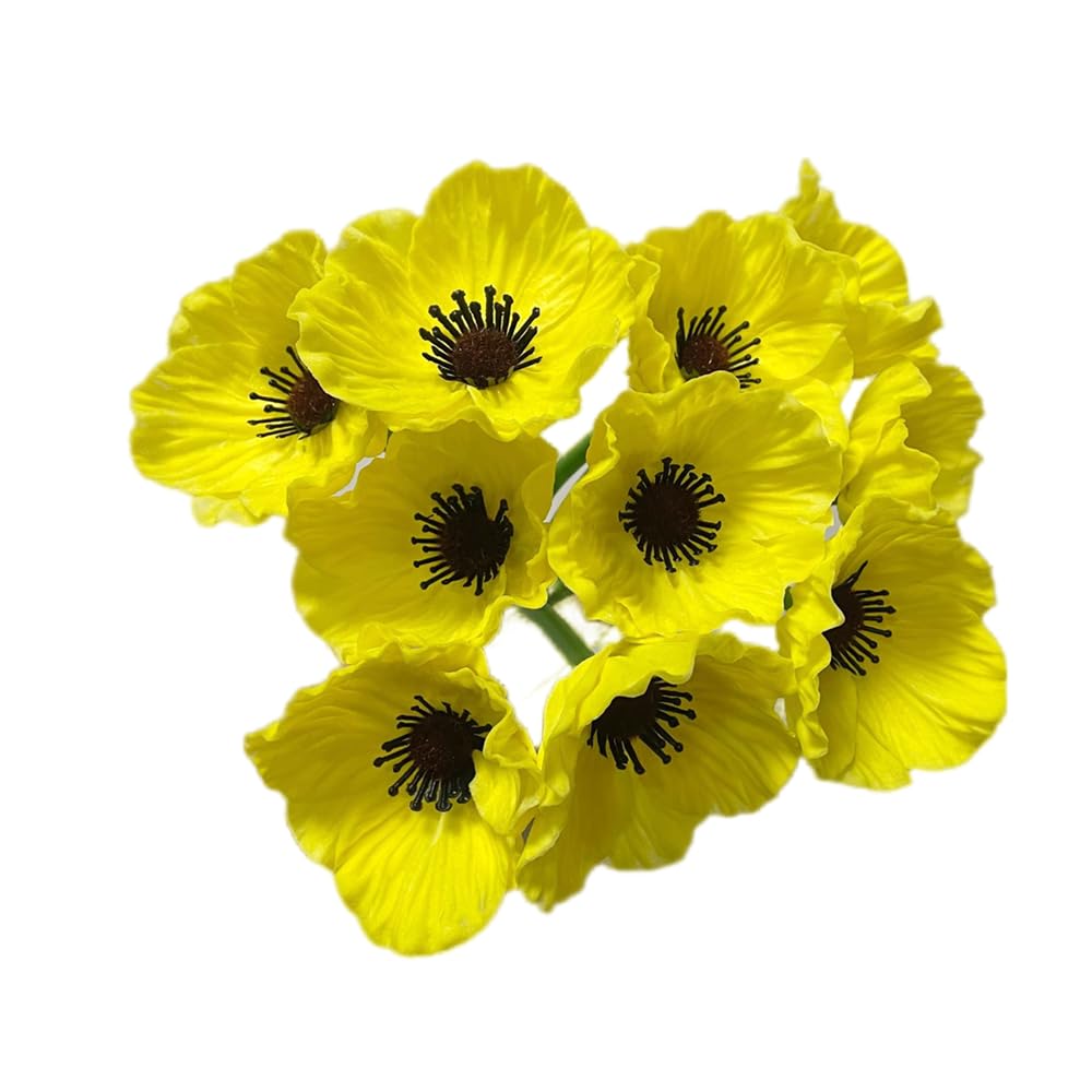 Rikyo 10 Stem 11inch Bouquets Artificial Flowers Poppy Flowers,Faux Anemone PU Fake Wild Flowers for Kitchen Table Centerpiece Vase,Home Wedding Holding Flowers Backdrop Arch Wall (Yellow)