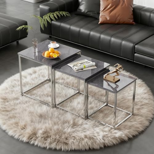Ansley&HosHo Ensemble de 3 Tables de Nidification, Tables Gigognes avec Cadre Métallique Chromé pour Salon, Chambre, Canapé Empilable Carré Tables Latérales (Gris...