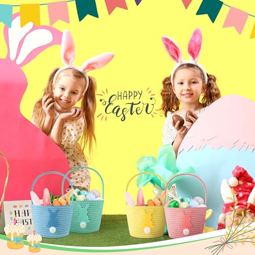 Image of Teenyyou 4 Pack Easter Basket Woven Bunny Baskets with Handles Eggs Hunt Bucket Rabbit Cotton Rope Tote for Baby's First Easter Basket Gift for Baby Toddler Boys Girls(Cute)