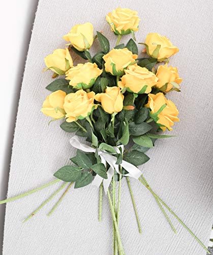 Hawesome 12PCS Artificial Roses Fake Flowers Single Long Stem Blooms with Rose Buds Wedding Decoration Bridal Bouquet Decorative Flower Arrangement Home Decoration Party Centerpieces in Yellow