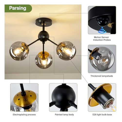 Image of Motion Sensor Light Indoor 3-Light Vintage Semi Flush Mount Ceiling Light Fixture with Glass Globe Black Chandelier for Closet Hallway Stairway Porch Entryway