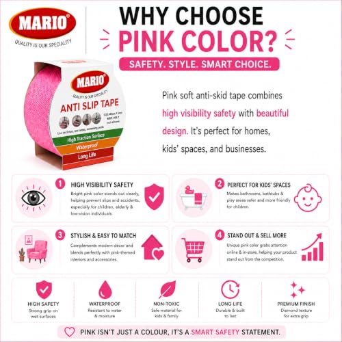 Image of Mario Soft Anti Skid Anti Slip Tape Pink 50mm (2 Inch) x 5m | Soft Surface Non Abrasive Barefoot Friendly Waterproof Grip Tape | Self Adhesive Safety Tape for Home Bathroom Stairs & Floor Use