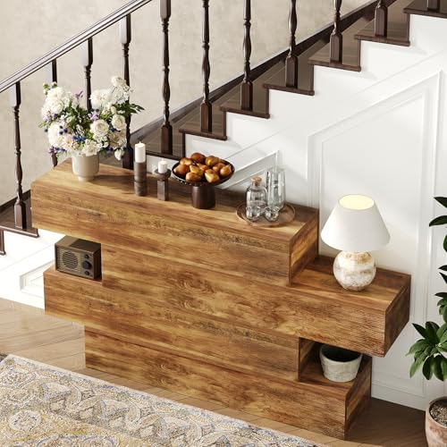 Image of knoworld 63 Inch Farmhouse Console Table with 4 Tier Storage, Rustic Wooden Sofa Table Behind Couch, Unique Staggered Entryway Table for Living Room, Long Hallway Foyer Table, Walnut
