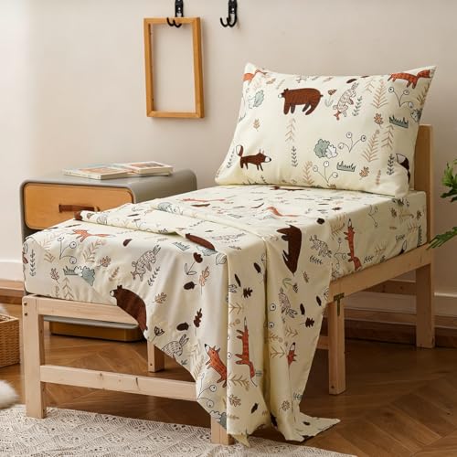 Image of Wellboo Yellow Bear Toddler Bedding Sets for Girls Boys Cute Cartoon 4 Pieces Soft Crib Bed Set Including Comforter, Sheets and Pillowcase Child Fox Theme Woodland Forest Quilt