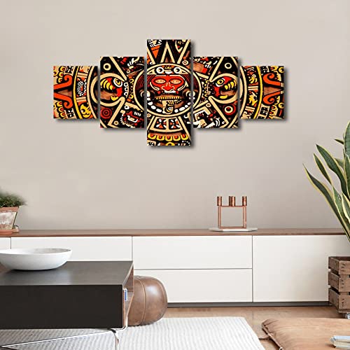 Tumovo 5 Panel Wall Art Aztec Calendar Posters Mexican Culture Artwork For Home Walls Canvas Frame Art Prints Bedroom Wall Decor Above Bed Wall Hanging Paintings Canvas Wall Art, 50"X24" #TOP1