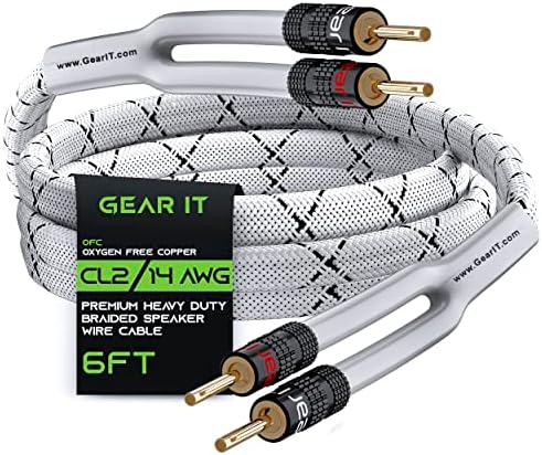 GearIT 14AWG Premium Heavy Duty Braided Speaker Wire (6 Feet) with Dual Gold Plated Banana Plug Tips - Oxygen-free Copper (OFC) Construction, Black