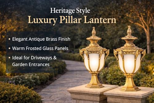 Image of Weldecor Outdoor Main Gate Pillar Light & Boundary Wall Lamp for Home and Villa, Antique Waterproof & Rustproof Set of 2, LED Compatible, Aluminium Die Cast Lamp Post for Resort & Hotel Compound Wall
