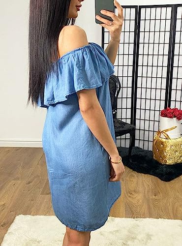 Image of Women's Blue Jean Dress Off Shoulder Ruffle Short Sleeve Loose Denim Mini Dress with Pocket