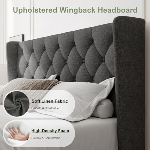 Image of Feonase Full Size Bed Frame with Upholstered Wingback Headboard, Platform Bed and Heavy Duty Wooden Slats Support, Easy Assembly, Noise-Free, No Box Spring Needed, Dark Gray