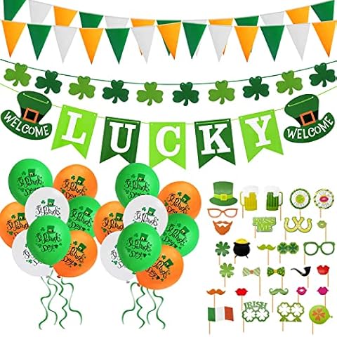 Humairc St Patrick's Day Decorations, Welcome Lucky Banner Shamrock Garland Irish Bunting Pennant Photo Booth Props Balloons for House School Restaurants Party Decoration Accessories Cover