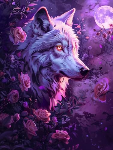 Diamond Painting Loup et Roses Kit Complet 5D de Broderie 60x80cm