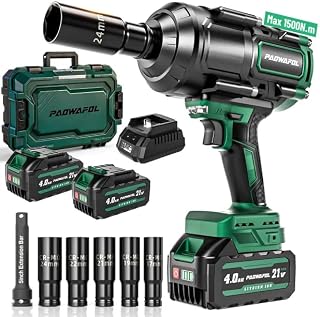 1500N.m(1106ft-lbs) Cordless Impact Wrench, 1/2 Impact Socket Set, High Torque 1/2" Impact Gun With 4* CR-MO Sockets & 1* 3'' Extension Rod, 2* 21V 4.0Ah Battery, Fast Charger & Storage Case