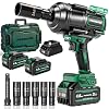 2026 New Upgrade 1500N.m(1106ft-lbs) Impact Wrench, High Torque 1/2 Impact Gun with 21V 2×4.0AH Battery, Fast Charger & 5 Sockets, 3500IPM Brushless Impact Driver for Home Car Truck Tires