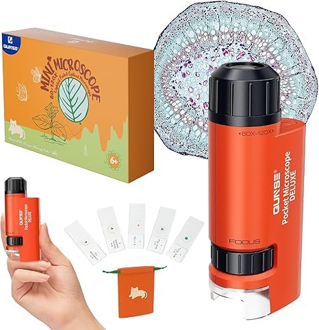 QUNSE 60x-120x LED Pocket Microscope for Kids STEM Education Children Students, 5 Slides Specimens, Handheld Mini Microscope, Gift Packaging, Presents