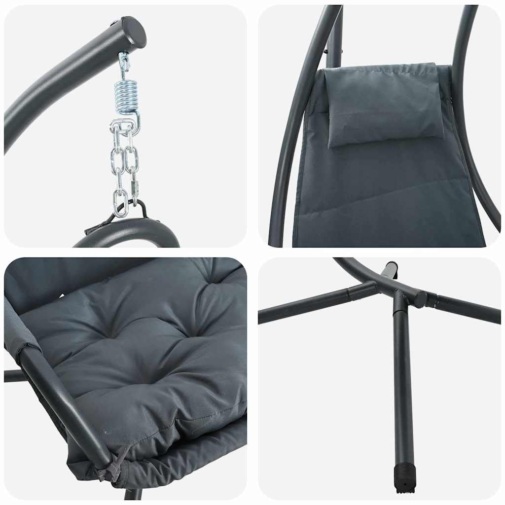 Silla colgante de acero antracita con cojín, plegable, 94 x 107 x 196,5 cm, para balcón, terraza, jardín e interior, tumbona de relajación ergonómica