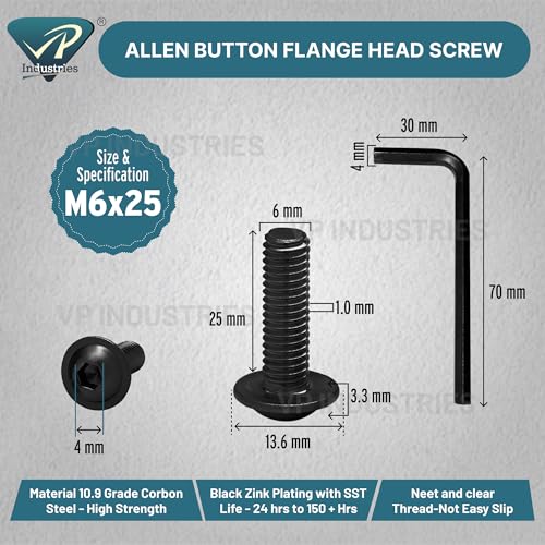 Image of By inchVP INDUSTRIES inch (Pcs-25) M6x25 mm Allen Button Flange Head Cap Screw Black Zinc Plated High Tensile | Round Head Screw for Modular Furniture, Wooden Work, Electrical Fittings, DIY & Industrial Use