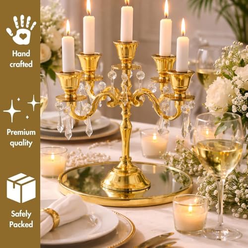 Image of Premium 8Inch Golden Aluminum 5-Arm Candle Stand with Crystal Hangings | Luxury Centerpiece for Home Decor, Weddings, Festive Decoration & Dining Table