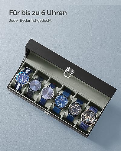 SONGMICS JWB06BK Uhrenbox mit 6 Fächern, Schatulle, mit Glasdeckel, abnehmbare Polster, Schloss aus Metall, schwarz beschichtet und Futter in Grau