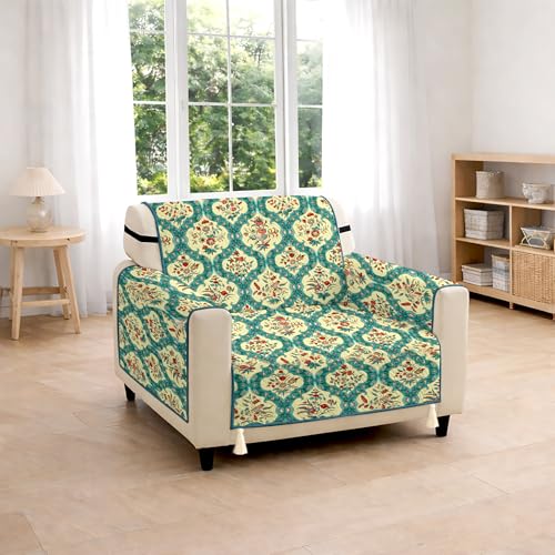 Image of Cloth Fusion 300 GSM Quilted Jaipuri Theme Printed 1 Seater Sofa Cover Mat-Style Fully Covered with Armrest Pockets, Adjustable Straps & Lock Fit (60 cm Seat Run, Floral Damask)