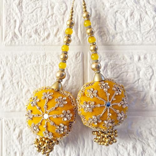 Image of Adikala Craft Store Handmade Ethnic Silk Latkan Tassel Set of 2 for Saree Pallu, Blouse, Suits, Dupatta, Lehenga Decor | Wedding Festival Occasion (Round Yellow)