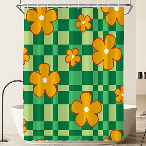 Visioun 70S Cute Checkerboard Retro Green Orange Floral Shower Curtain For Bathroom 60W*72H Inch Checkered Abstract Bathtub Decor Vintage Funky Waterproof Polyester Fabric Set With 12 Hooks(10 Holes) #TOP5