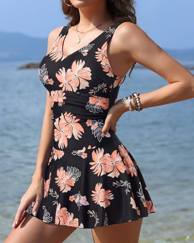 Image of Yonique One Piece Swimsuits for Women Modest Tummy Control Swimdress Vintage Bathing Suits Skirt Swimwear