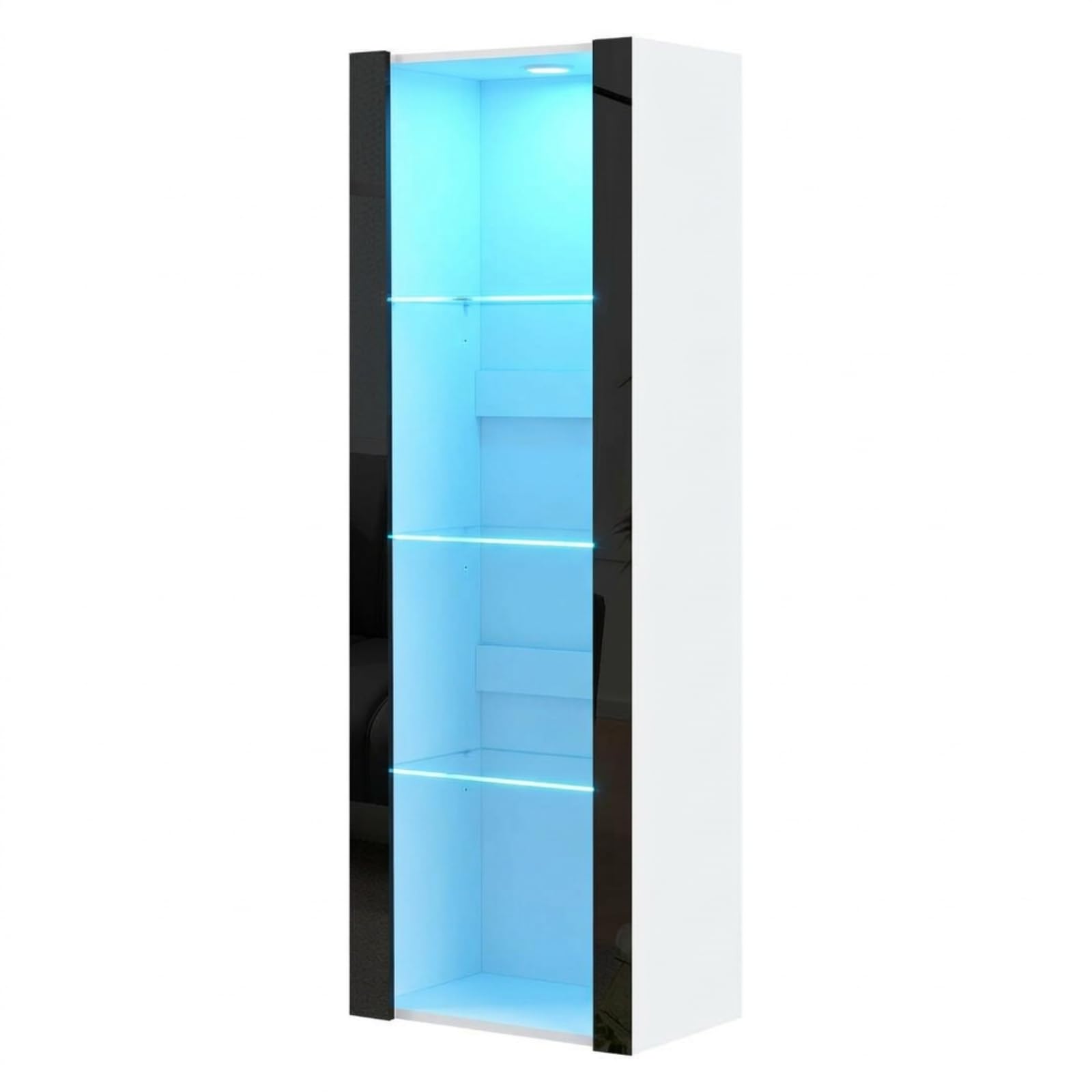 Panana LED Tall Display Cabinet with Glass Shelf Modern Sideboard Cupboard Unit for Living Room Bedroom Furniture (White Matt Body & Black High Gloss Fronts)
