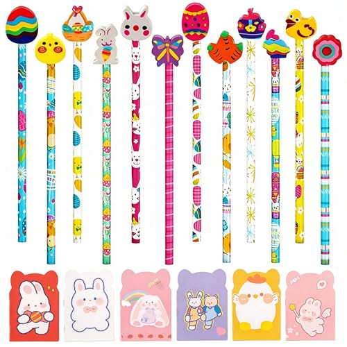 YDUNARISE 12er Ostern Bleistifte,mit Radiergummi & Notizbuch und Karte,Kleinigkeit für Ostern,Radiergummi Stift,Ideal als Mitgebsel,Osterkorb Füllstoffe & Geschenke für Schule & Party (Ostern)