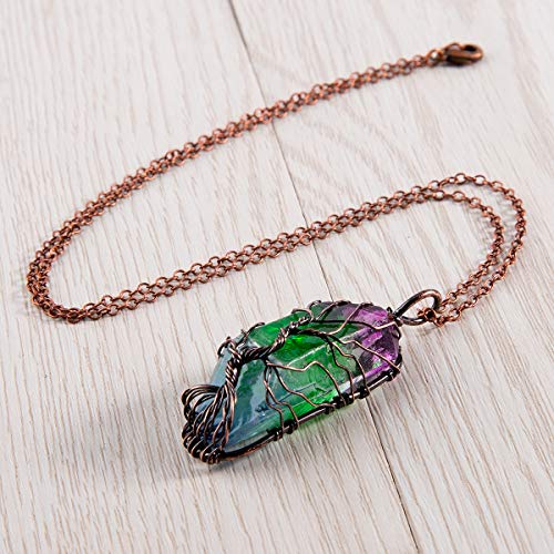 Bivei Tree of Life 7 Chakra Gemstone Copper Wire Wrap Irregular Clear Quartz Point Crystal Pendant Necklace(Bronze Titanium Coated Multi Color #2)