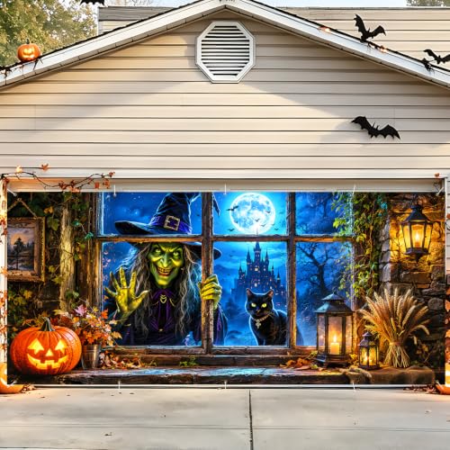 Image of Halloween Garage Door Decorations 7 x 16 ft, Witch Window Cover