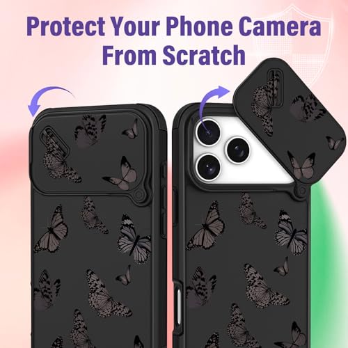Image of Funermei for iPhone 17 Pro Max Case - Women Girls Cute Phone Cover Pretty Girly Aesthetic Black Butterfly Unique Design with Slide Camera Cover and Dual Protection Funda for iPhone 17 Pro Max Case