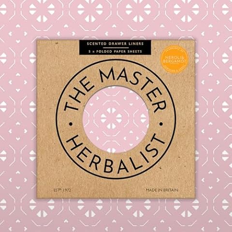 The Master Herbalist Fragrant Neroli & Bergamot Scented Drawer Liners in a Geometric Print in HELEBORE Pink (Folded) | Pack of 5 Sheets | Contains Essential Oils | Made in The UK. Cover