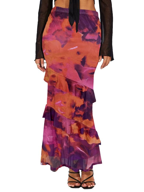 Women's Floral Print Mesh Maxi Skirt Tiered Ruffle High Waisted Flowy Summer Long Skirt