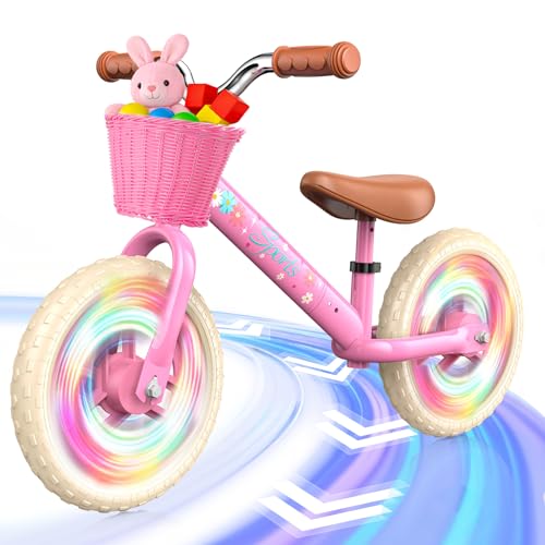 HappyGoLucky Draisienne 2-5 Ans, Draisienne Evolutive – Roues Lumineuses/Hauteur Réglable/Panier Tressé, Jouet Cadeau Fille 2 3 4 5 Ans Cadeau Anniversaire...