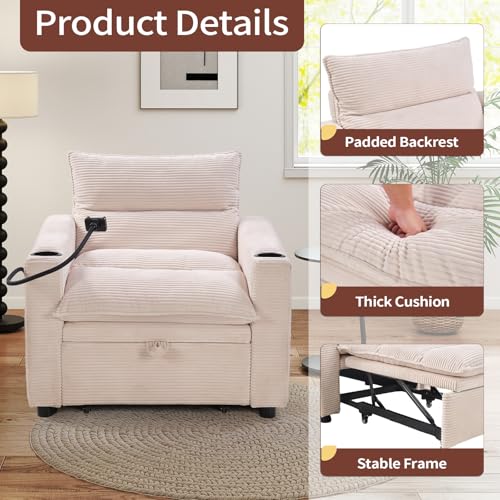 Image of Corduroy Sleeper Sofa Bed with Cup Holders, 3-in-1 Convertible Pullout Futon Couch with Phone Holder&USB Charge Port, Single Armchair with 3-Level Adjustable Backrest for Living Room