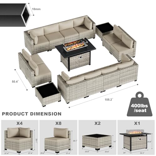 Image of Outdoor PE Wicker Rattan Modular Patio Sectional Sofa Set | 15-Piece: 12 Modular Seats, 2 Coffee Tables & 55,000 BTU Fire Pit Table, Khaki